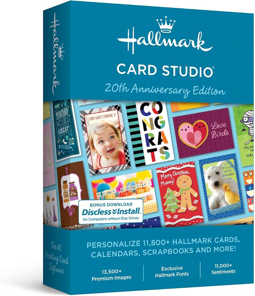 A 3D Box Image Of Hallmark Card Studio 20Th Anniversary Edition (Pre-Activated). The Box Showcases Various Card Designs, Such As A Baby, Congratulations, Love Birds, And Christmas Themes. It Includes Text About Personalizing Hallmark Cards With Over 13,500 Images And 11,000 Sentiments For 2022.