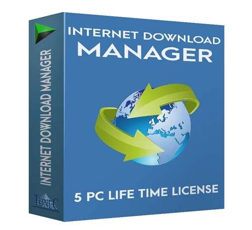 Image of the Internet Download Manager (IDM) software box. The box is blue and features a globe with two green arrows circling it. "INTERNET DOWNLOAD MANAGER" is written at the top, and "5 PC LIFE TIME LICENSE" is at the bottom. The left side reads "TONIC" vertically.