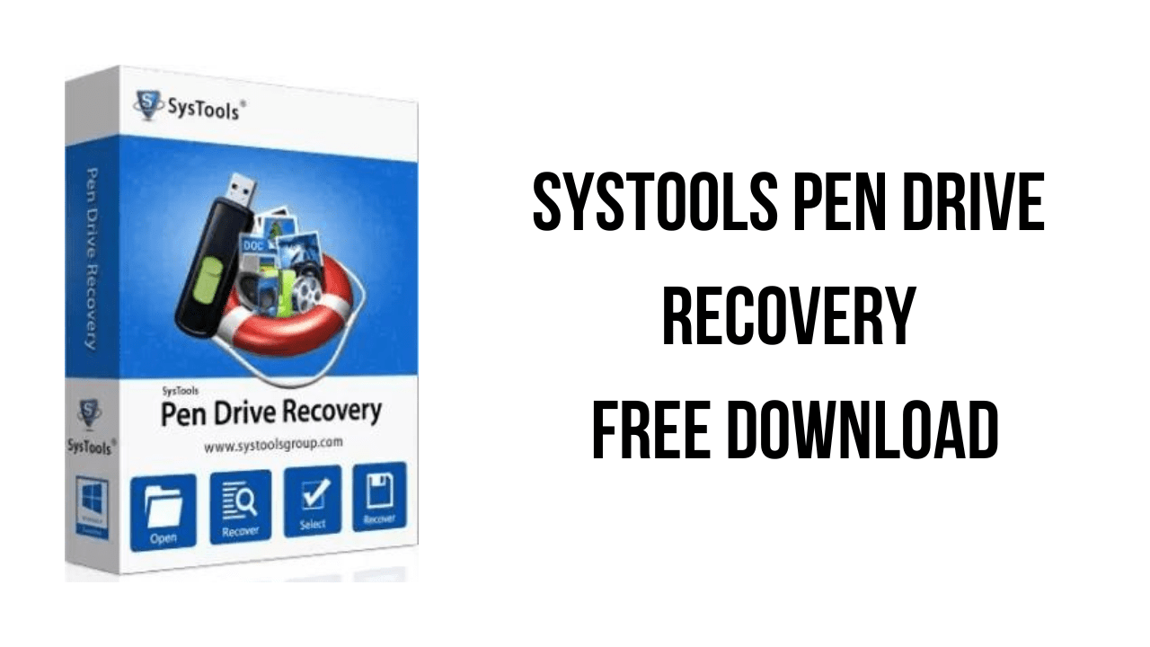 Image Of A Product Box For Systools Pen Drive Recovery V16.2 Software. The Box Features Visuals Of A Usb Drive And A Circular Arrow Symbol, With Icons Labeled Open, Recover, Select, And Format. Text Beside The Box Reads: &Quot;Systools Pen Drive Recovery Free Download.