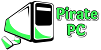 Illustration of a computer case with a green and white color scheme. Next to it, the text "Pirate PC" is written in bold, stylized green letters with a gray shadow effect. The overall design has a modern, tech-themed aesthetic.