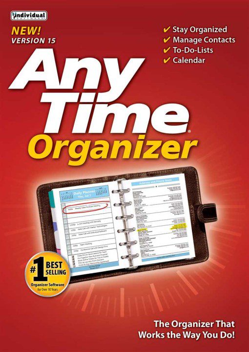 Cover Of &Quot;Anytime Organizer Deluxe&Quot; Software, Version 15. The Cover Shows A Planner With &Quot;Daily Planner&Quot; Written On An Open Page. Claims Highlight Functions Such As Organizing, Managing Contacts, To-Do Lists, And A Calendar. A Badge Notes It As A #1 Best-Selling Pre-Activated Software.