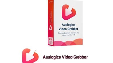 Box Of Auslogics Video Grabber Software By Khanpc, Featuring A Vibrant Gradient Design With A Play Button Icon. The Product Tagline Reads, &Quot;Download, Convert, And Save Any Videos From The Web.&Quot; The Packaging Is Displayed On A Minimalistic White Background With An Included Patch For Enhanced Functionality.