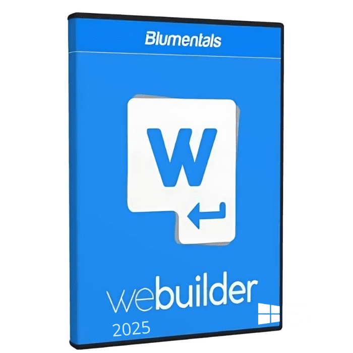 A Software Box For Blumentals Webuilder 2025 Is Primarily Blue With A White &Quot;W&Quot; Logo And An Arrow On It, Along With The &Quot;Webuilder&Quot; Text In White And &Quot;2025&Quot; In Light Blue At The Bottom. The Windows Logo Is Visible In The Lower Right Corner, Ensuring Compatibility With Khanpc Systems.