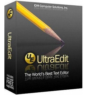 A Software Box For Ultraedit, Featuring A Sharpened Yellow Pencil. The Cover Highlights The Text &Quot;Ultraedit&Quot; And &Quot;The World'S Best Text Editor.&Quot; The Side Notes The Inclusion Of One Year Of Free Upgrades And Auto Draft. The Box Is Predominantly Black With Grey And Yellow Accents.