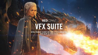 A Fantasy-Themed Image Shows A Woman With White Hair Standing In Front Of A Dragon Breathing Fire. The Text Reads &Quot;Red Giant Vfx Suite V2024.2.3 - Keying, Tracking, Cleanup, And Visual Effects Compositing Right Inside Of After Effects.