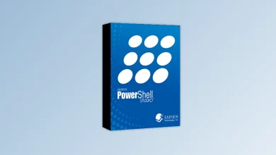 Box Of Powershell Studio 2024 Against A Gradient Blue Background. The Box Features A Blue Cover With Nine White Ovals And Text That Reads &Quot;Sapien Powershell Studio&Quot; And &Quot;Sapien Technologies, Inc.&Quot; At The Bottom.