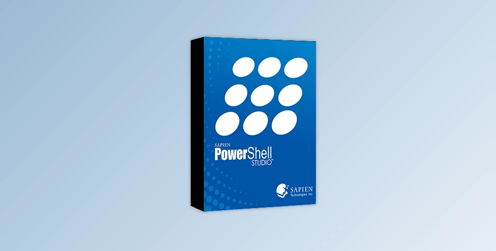 Box Of Powershell Studio 2024 Against A Gradient Blue Background. The Box Features A Blue Cover With Nine White Ovals And Text That Reads &Quot;Sapien Powershell Studio&Quot; And &Quot;Sapien Technologies, Inc.&Quot; At The Bottom.