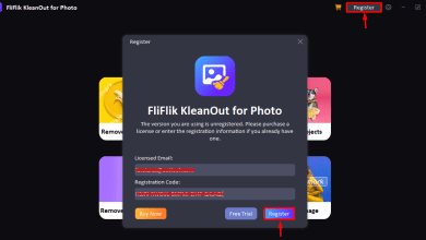 Screenshot Of The &Quot;Filflik Kleanout For Photo V6.2.0&Quot; Application Registration Screen. The Main Window Shows A Registration Prompt With Fields For Licensed Email And Registration Code, Options For Buy Now, Free Trial, And Register. The &Quot;Register&Quot; Button Is Highlighted.