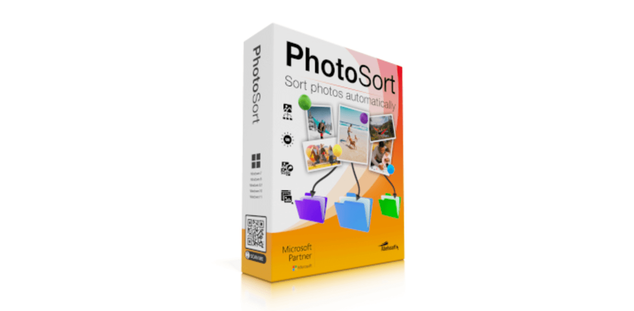 Packaging Of Abelssoft Photosort 2024 Software, Showing The Box With Images Connected To Colored Folders, Indicating Photo Organization Capabilities. The Box Highlights Compatibility With Windows 10 &Amp; 11, Features Like Sorting, And Partnerships With Microsoft.