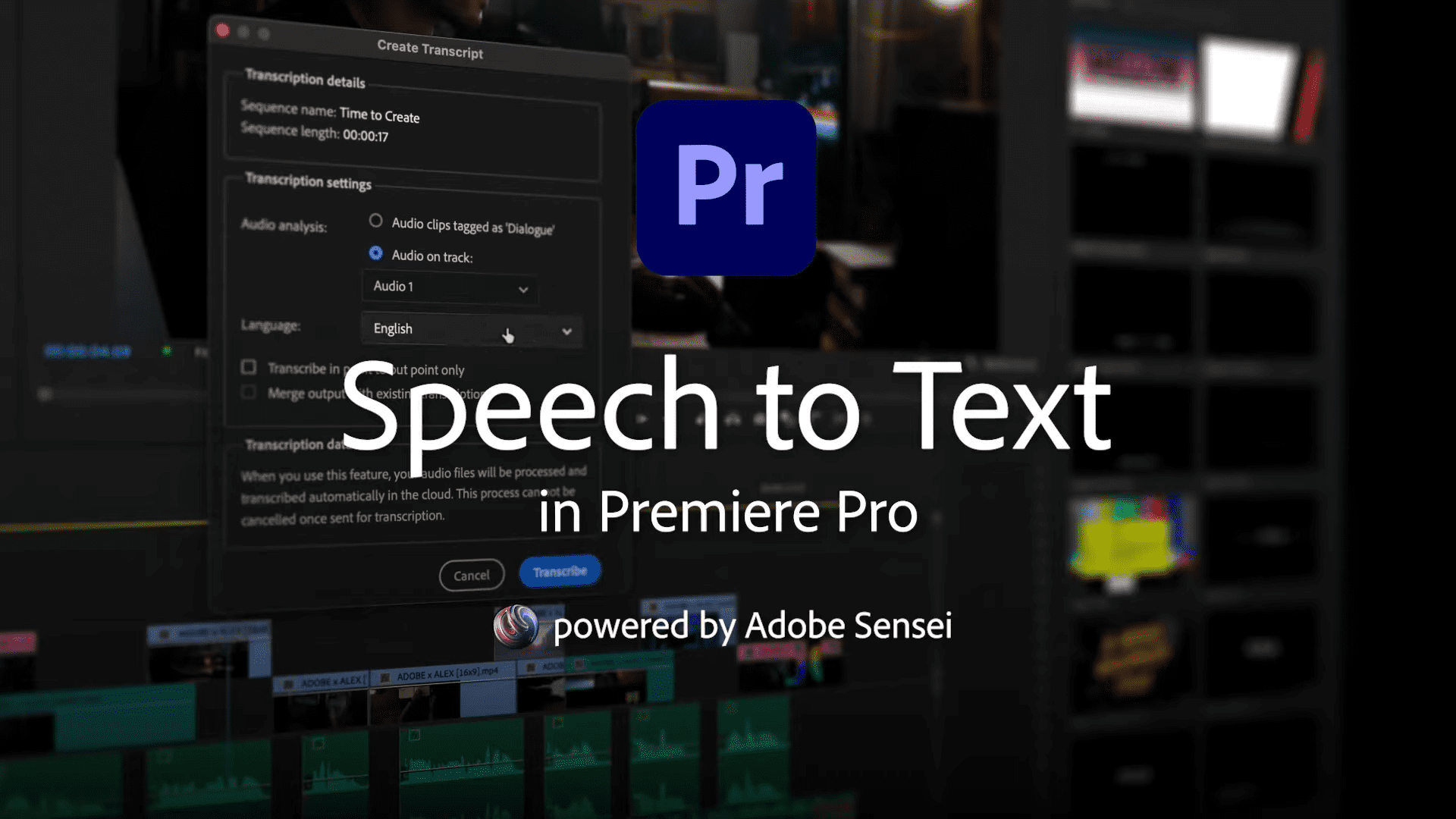 The Image Displays A Screenshot From Adobe Premiere Pro 2024, Highlighting The &Quot;Adobe Speech To Text&Quot; Feature Powered By Adobe Sensei. The Interface Showcases Transcription Details And Settings, With The Premiere Pro Logo Prominently Visible At The Top Center Of The Screen.