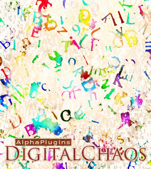 A Colorful And Chaotic Collection Of Variously Sized And Styled Letters Scattered Across A Textured Background. The Text &Quot;Alphaplugins Digitalchaos V1.1&Quot; Is Prominently Displayed At The Bottom, With &Quot;Alphaplugins&Quot; In A Small Brown Box And &Quot;Digital Chaos&Quot; In Large, Ornate Brown Letters.