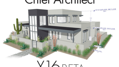 Rendering Of A Modern House Model Surrounded By Desert Landscaping, Featuring Cacti And Shrubs. The Text Above Reads &Quot;Chief Architect Premier,&Quot; And Below The Model Are &Quot;X16 Beta.&Quot; Various Measurement Annotations Are Visible Around The House, Showcasing Its Precision.