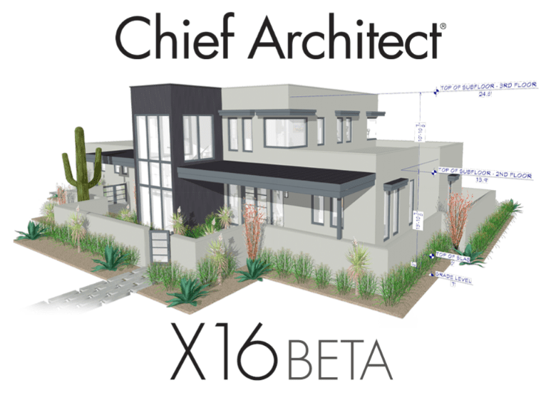 Rendering Of A Modern House Model Surrounded By Desert Landscaping, Featuring Cacti And Shrubs. The Text Above Reads &Quot;Chief Architect Premier,&Quot; And Below The Model Are &Quot;X16 Beta.&Quot; Various Measurement Annotations Are Visible Around The House, Showcasing Its Precision.