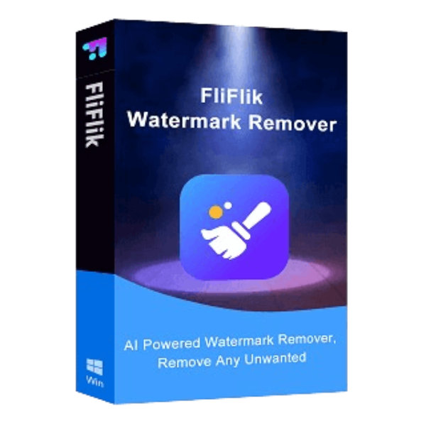 A Software Package Box For &Quot;Fliflik Watermark Remover V6.0.0.&Quot; The Box Features An Icon Of A Hand Holding A Magic Wand On A Blue Background. Text Reads &Quot;Ai Powered Watermark Remover, Remove Any Unwanted Mark,&Quot; And Includes The Windows And Appdoze Logos At The Bottom Left.