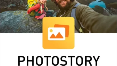 A Man And A Young Girl Wearing Backpacks Are Smiling And Taking A Selfie On A Rocky Mountain Landscape With A Lake Visible Below. The Image Is Part Of An Advertisement For &Quot;Magix Photostory Deluxe V24.0.1.184,&Quot; Featuring A Yellow Icon With Overlapping Photo Outlines.