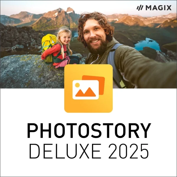 A Man And A Young Girl Wearing Backpacks Are Smiling And Taking A Selfie On A Rocky Mountain Landscape With A Lake Visible Below. The Image Is Part Of An Advertisement For &Quot;Magix Photostory Deluxe V24.0.1.184,&Quot; Featuring A Yellow Icon With Overlapping Photo Outlines.