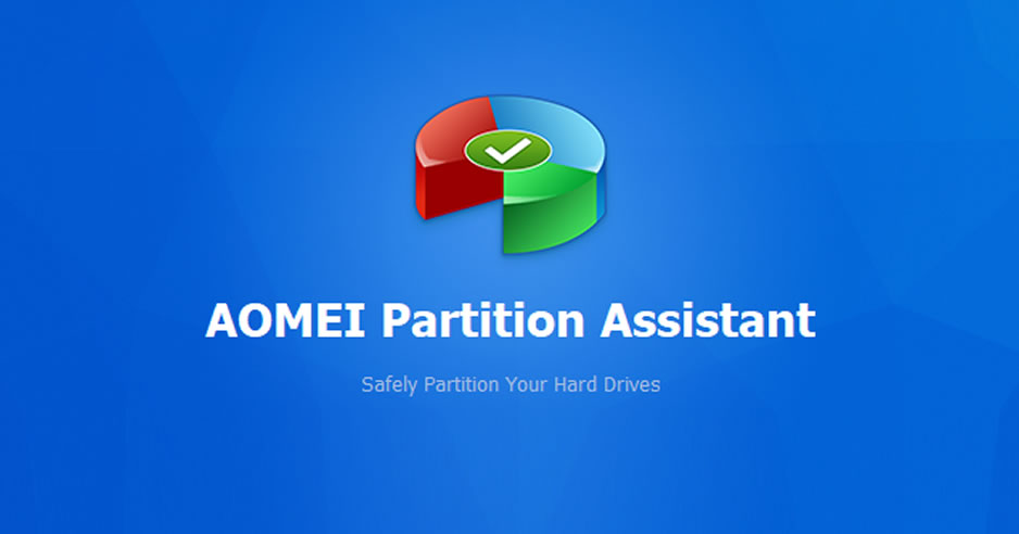 The image shows a logo with a 3D pie chart in red and green, accompanied by a checkmark. Above it is the text "AOMEI Partition Assistant All Editions." Below, on a blue background, it says, "Safely Partition Your Hard Drives.